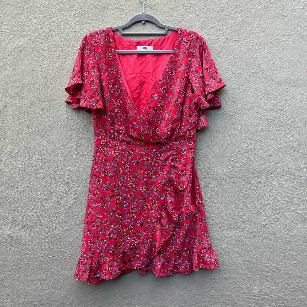Babydoll dress red floral size 8 Jack by BB Dakota ruffle wrap